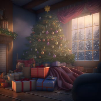 decorated christmas tree with gifts underneath in cozy domestic interior, neural network generated art. Digitally generated image. Not based on any actual scene or pattern.
