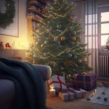 decorated christmas tree with gifts underneath in cozy domestic interior, neural network generated art. Digitally generated image. Not based on any actual scene or pattern.