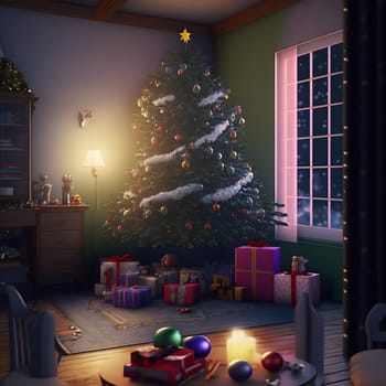 decorated christmas tree with gifts underneath in cozy domestic interior, neural network generated art. Digitally generated image. Not based on any actual scene or pattern.