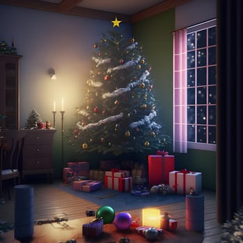 decorated christmas tree with gifts underneath in cozy domestic interior, neural network generated art. Digitally generated image. Not based on any actual scene or pattern.