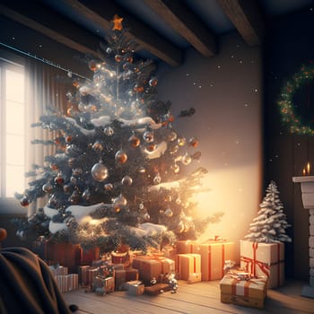 decorated christmas tree with gifts underneath in cozy domestic interior, neural network generated art. Digitally generated image. Not based on any actual scene or pattern.