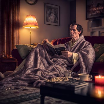 Sherlock Holmes reading a book on sofa under warm blanket, neural network generated art. Digitally generated image. Not based on any actual scene or pattern.