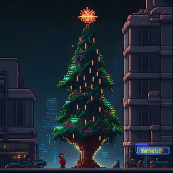 large decorated Christmas tree in city, pixel art, neural network generated. Digitally generated image. Not based on any actual scene or pattern.