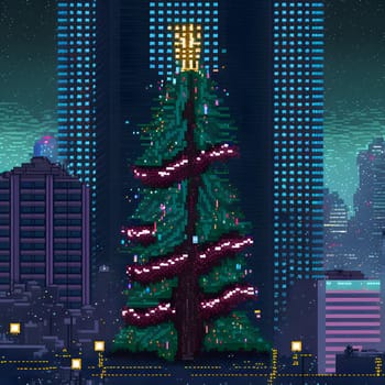 large decorated Christmas tree in city, pixel art, neural network generated. Digitally generated image. Not based on any actual scene or pattern.