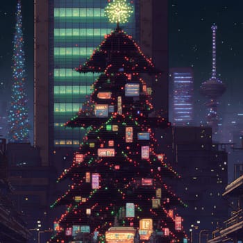 large decorated Christmas tree in city, pixel art, neural network generated. Digitally generated image. Not based on any actual scene or pattern.