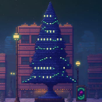 large decorated Christmas tree in city, pixel art, neural network generated. Digitally generated image. Not based on any actual scene or pattern.