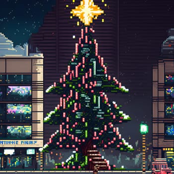 large decorated Christmas tree in city, pixel art, neural network generated. Digitally generated image. Not based on any actual scene or pattern.