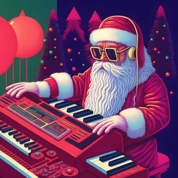 santa claus playing on analog synthesizer, 2d poster style, neural network generated art. Digitally generated image. Not based on any actual scene or pattern.