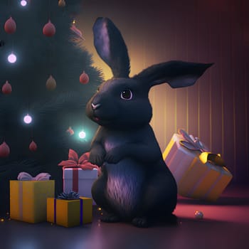 cartoonish cute black rabbit in front of decorated christmas tree near gift box, neural network generated art. Digitally generated image. Not based on any actual scene or pattern.