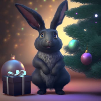 cartoonish cute black rabbit in front of decorated christmas tree near gift box, neural network generated art. Digitally generated image. Not based on any actual scene or pattern.