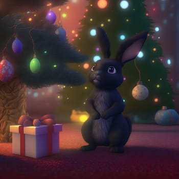 cartoonish cute black rabbit in front of decorated christmas tree near gift box, neural network generated art. Digitally generated image. Not based on any actual scene or pattern.