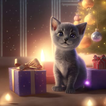 cute gray kitten with gift in front of decorated christmas tree, neural network generated art. Digitally generated image. Not based on any actual scene or pattern.