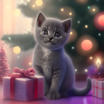 cute gray kitten with gift in front of decorated christmas tree, neural network generated art. Digitally generated image. Not based on any actual scene or pattern.