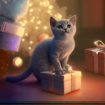 cute gray kitten with gift in front of decorated christmas tree, neural network generated art. Digitally generated image. Not based on any actual scene or pattern.