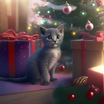 cute gray kitten with gift in front of decorated christmas tree, neural network generated art. Digitally generated image. Not based on any actual scene or pattern.