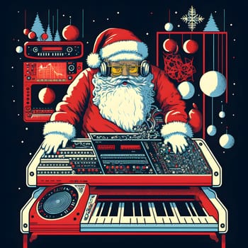 santa claus playing on analog synthesizer, 2d poster style, neural network generated art. Digitally generated image. Not based on any actual scene or pattern.