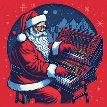 santa claus playing on analog synthesizer, 2d poster style, neural network generated art. Digitally generated image. Not based on any actual scene or pattern.