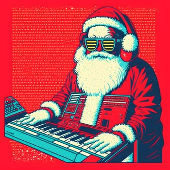 santa claus playing on analog synthesizer, 2d poster style, neural network generated art. Digitally generated image. Not based on any actual scene or pattern.