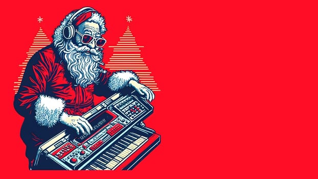 santa claus playing on analog synthesizer, 2d poster style, neural network generated art. Digitally generated image. Not based on any actual scene or pattern.