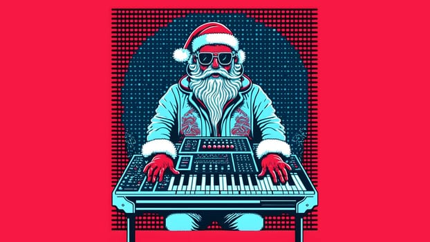 santa claus playing on analog synthesizer, 2d poster style, neural network generated art. Digitally generated image. Not based on any actual scene or pattern.