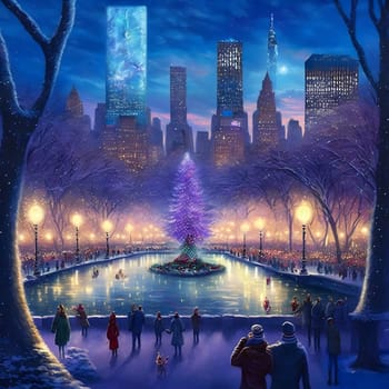 illuminated park at x-mas night, many people around, decorated christmas tree in the middle, neural network generated art. Digitally generated image. Not based on any actual person, scene or pattern.