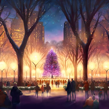 illuminated park at x-mas night, many people around, decorated christmas tree in the middle, neural network generated art. Digitally generated image. Not based on any actual person, scene or pattern.