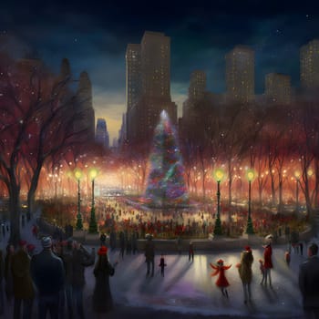 illuminated park at x-mas night, many people around, decorated christmas tree in the middle, neural network generated art. Digitally generated image. Not based on any actual person, scene or pattern.