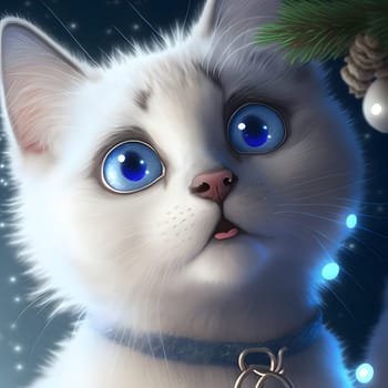 cute fluffy white kitten with blue eyes and blue collar, close-up portrait, neural network generated art. Digitally generated image. Not based on any actual person, scene or pattern.