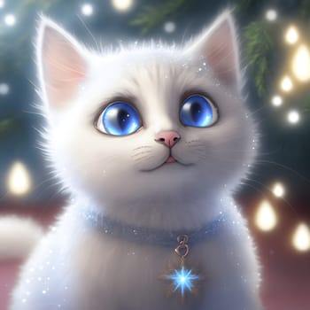 cute fluffy white kitten with blue eyes and blue collar, close-up portrait, neural network generated art. Digitally generated image. Not based on any actual person, scene or pattern.