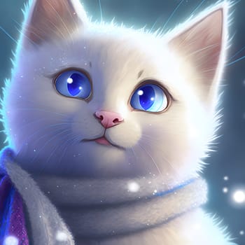 cute fluffy white kitten with blue eyes, close-up portrait, neural network generated art. Digitally generated image. Not based on any actual person, scene or pattern.