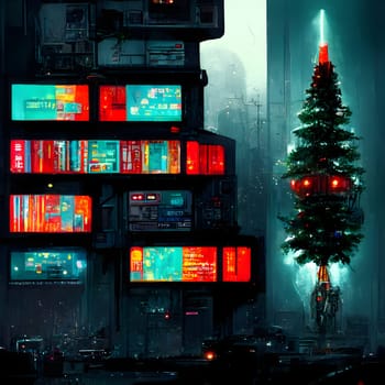 cyberpunk christmas tree near large building with many glowing banners in night dystopian city, neural network generated art. Digitally generated image. Not based on any actual person, scene or pattern.