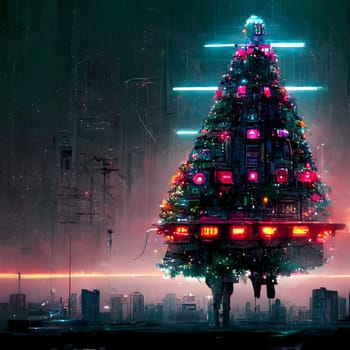 cyberpunk christmas tree, neural network generated art. Digitally generated image. Not based on any actual person, scene or pattern.