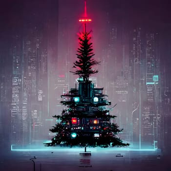 cyberpunk christmas tree, neural network generated art. Digitally generated image. Not based on any actual person, scene or pattern.