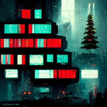 cyberpunk christmas tree near large building with many glowing banners in night dystopian city, neural network generated art. Digitally generated image. Not based on any actual person, scene or pattern.