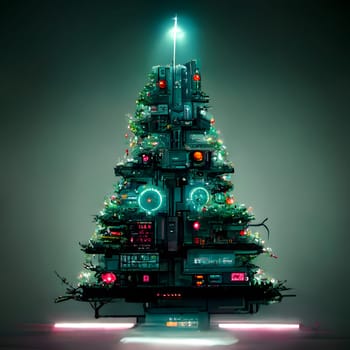 cyberpunk christmas tree, neural network generated art. Digitally generated image. Not based on any actual person, scene or pattern.