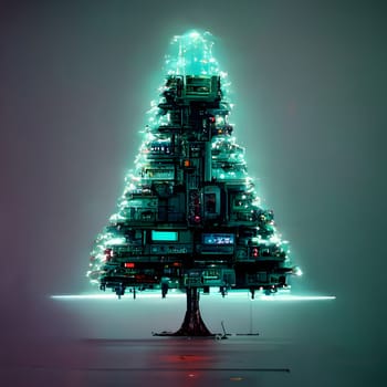 cyberpunk christmas tree, neural network generated art. Digitally generated image. Not based on any actual person, scene or pattern.