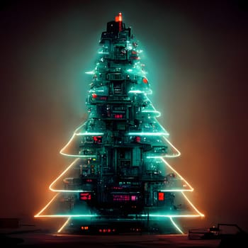 cyberpunk christmas tree, neural network generated art. Digitally generated image. Not based on any actual person, scene or pattern.