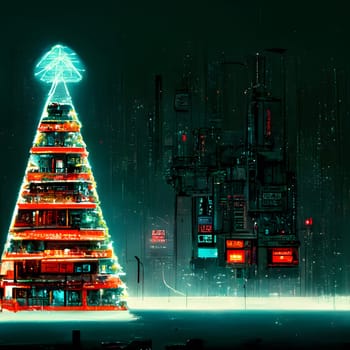 cyberpunk christmas tree, neural network generated art. Digitally generated image. Not based on any actual person, scene or pattern.