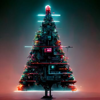 cyberpunk christmas tree, neural network generated art. Digitally generated image. Not based on any actual person, scene or pattern.