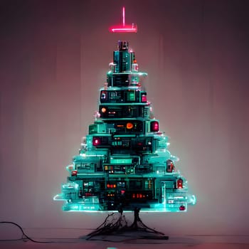 cyberpunk christmas tree, neural network generated art. Digitally generated image. Not based on any actual person, scene or pattern.