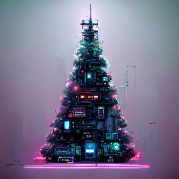 cyberpunk christmas tree, neural network generated art. Digitally generated image. Not based on any actual person, scene or pattern.
