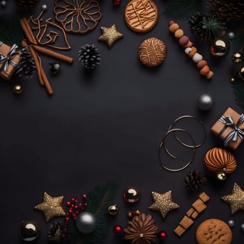 christmas items on flat black background in flat lay perspective, high algle view, neural network generated art. Digitally generated image. Not based on any actual person, scene or pattern.