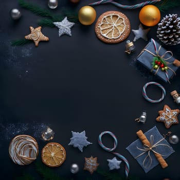 christmas items on flat black background in flat lay perspective, high algle view, neural network generated art. Digitally generated image. Not based on any actual person, scene or pattern.