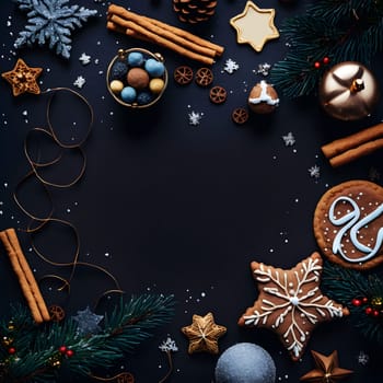 christmas items on flat black background in flat lay perspective, high algle view, neural network generated art. Digitally generated image. Not based on any actual person, scene or pattern.