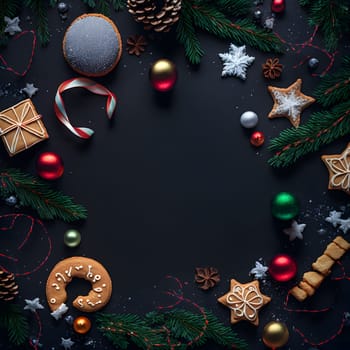 christmas items on flat black background in flat lay perspective, high algle view, neural network generated art. Digitally generated image. Not based on any actual person, scene or pattern.