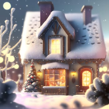 cozy small house at snowy winter night, neural network generated art. Digitally generated image. Not based on any actual person, scene or pattern.