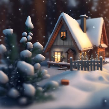 cozy small house at snowy winter night, neural network generated art. Digitally generated image. Not based on any actual person, scene or pattern.