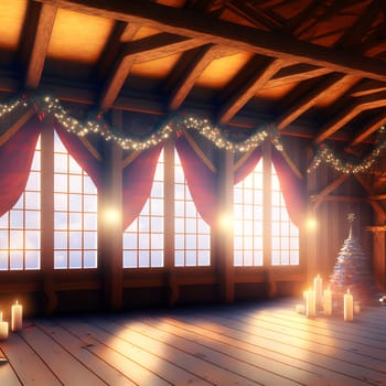 magical Christmas season interior in baroque ornamental warm rustic cabin with large windows, neural network generated art. Digitally generated image. Not based on any actual person, scene or pattern.