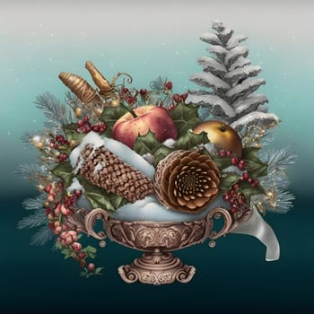 vase with christmas decorations on gradient background, neural network generated art. Digitally generated image. Not based on any actual person, scene or pattern.