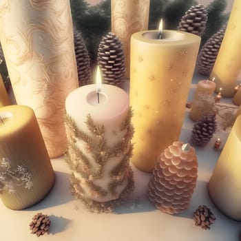 ornate thick christmas candles background, neural network generated art. Digitally generated image. Not based on any actual person, scene or pattern.